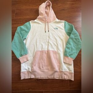 Women’s Northface Pullover Hoodie in Pink, White, and Green. Size L, Worn once.